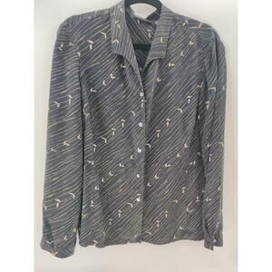 Liz Claiborne Button Up Shirt Womens Size 14 Black Green Stripe Collared Elegant